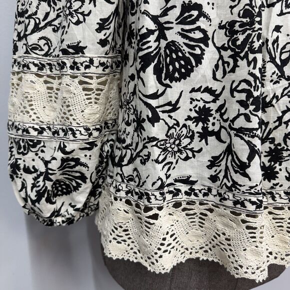 Christian Siriano Boho Peasant Top Size XL Linen Blend Black Floral Crochet Lace - Picture 5 of 12